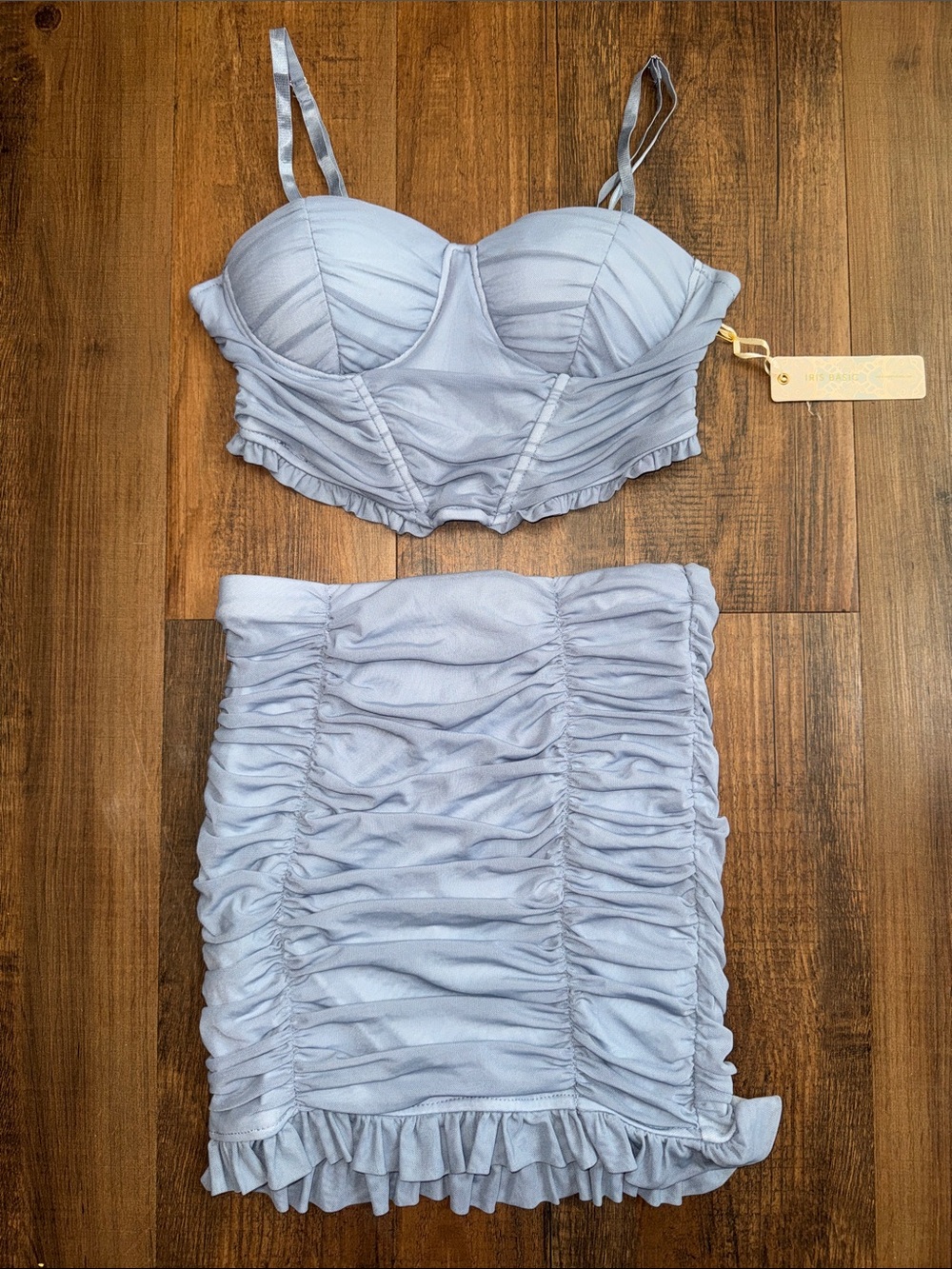 Iris Basic Light Blue Ruched Ruffle Two-Piece Skirt Set